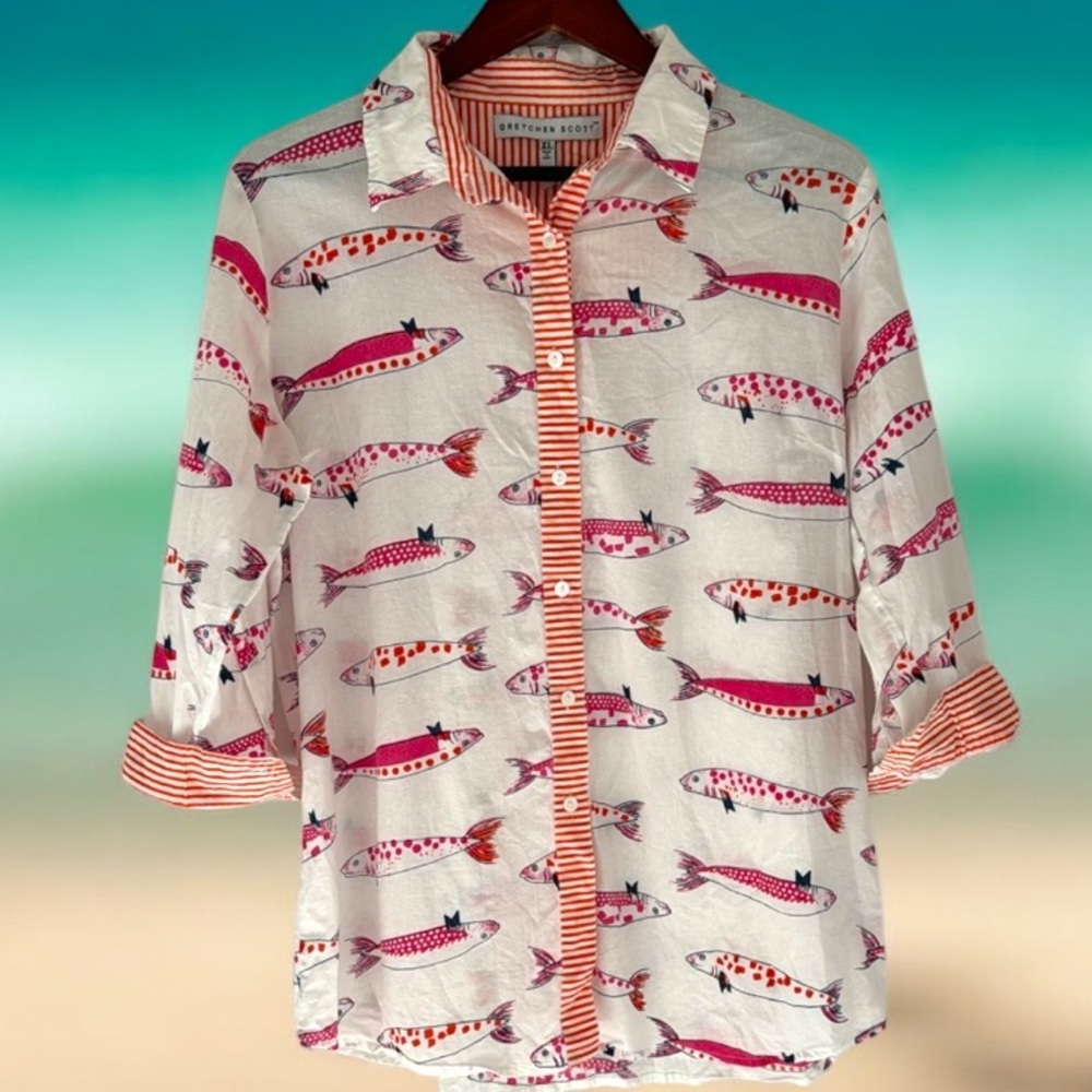 Gretchen Scott Blouse Womens XL Fish Print Button Up Shirt Beach Vacation Cotton
